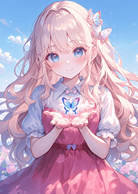 Blonde girl in butterfly garden JP
