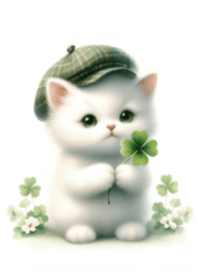 Little White Kitten and Clovers V.2