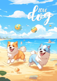 siberian dogs play balls at the beach