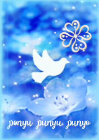 Happy! nemophila field and white pigeons