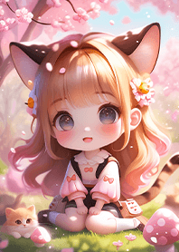 ⭐️櫻花下可愛貓女與小貓❤️