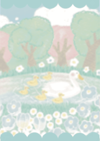 Cute duck in flower garden (Blue)