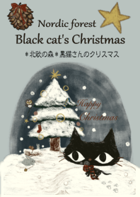 Nordic forest.Black cat's Christmas