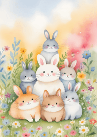 Cute little rabbit in a flower field