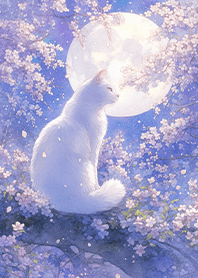 White cat under full moon purple sakura.