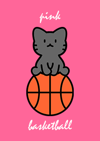 black cat sitting on a basketball pink.