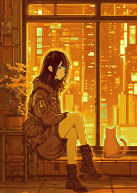 未来都市-窓辺の少女と猫8.3 茶色