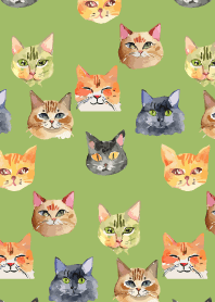 lots of cat faces on moss green