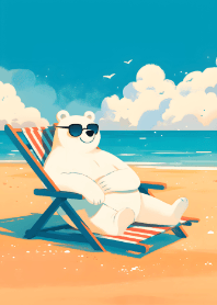 White bear sunbathing by the sea