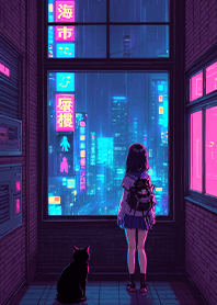 窓辺の少女と猫 ネオン街2.1.1 紫