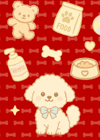 Puppies and items on red & beige