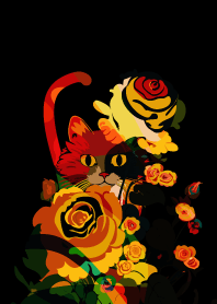 black ビビットな猫と花