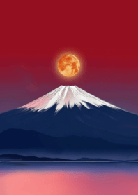 Red sky Mount Fuji and the moon