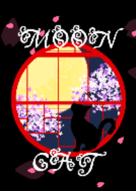 Japanese style. Moon, cat and flowers.