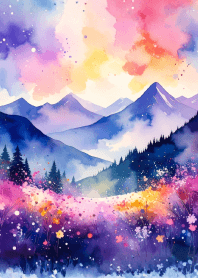 夜明けの花と山脈