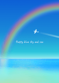 海にかかる虹と飛行機