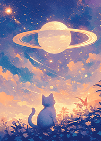A cat looking at cosmic planets (black)