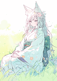 猫耳の着物を着た少女が草地に座っている
