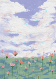 Field of flowers and evening sky.