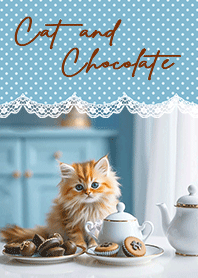 Cat tea time with chocolate - light blue