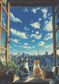 粉紅 兩隻貓咪眺望藍天