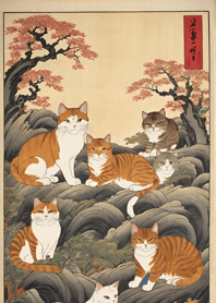 Sekumpulan kucing Ukiyo-e Nidan
