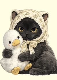 The black cat is hugging a duck