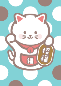 水玉の招き猫／ミント×クリーム