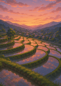 Sunset Terrace Rice Field Glow