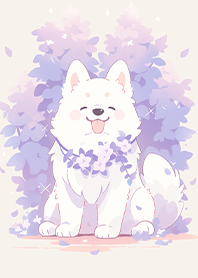Purple flowers and a big dog