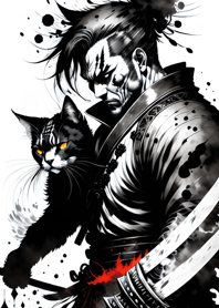 Ink wash cat samurai 03702c