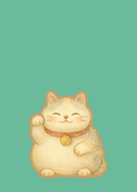 Cute Beckoning Cat on blue green