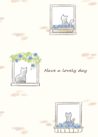 Cat and flower by the window -blue-