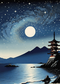 Starry sky, sea and lake, Ukiyo-e 2001