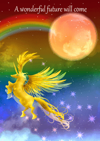 Unicorn flying in the rainbow sky.