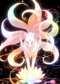 Nine-tailed fox in rainbow lotus pond JP