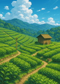 Green Tea Fields In Summer Sun
