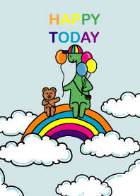 Happy Dino Balloon and rainbow sky.