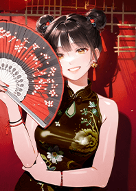 動漫風新年主題 可愛旗袍娘與金元寶6.5