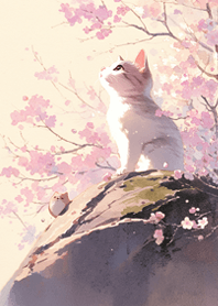 Cat gazing at cherry blossoms