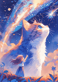 仰望星空的女孩與巨大貓咪❤️月夜黑