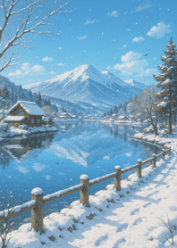 Winter Lake Beside Silent Village