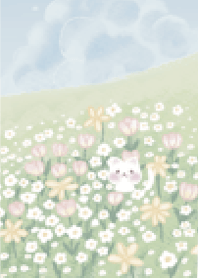 Happy cat in flower field (Purple)