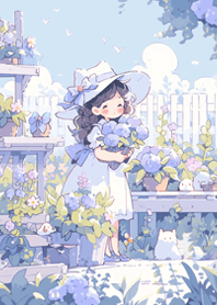 a cute girl buying potted flowers JP