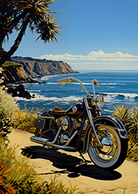 晴天の輝く海②×アメリカンバイク