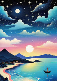 Starry sky, sea and lake, Ukiyo-e a311