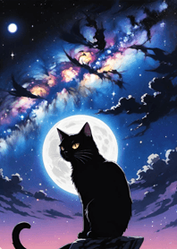 夜の月と星の猫 bE9a05