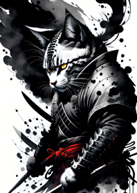 Ink wash cat samurai aE7806