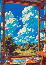 綠色 積雨雲展開的畫室窗景