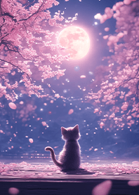 ピンクの桜と月光の下で月を鑑賞する猫❤️